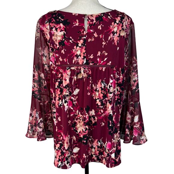 Dressbarn Large Babydoll Top Floral Stretch Long Bell Sleeves Keyhole Round Neck - Picture 6 of 10